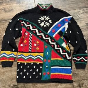 Robert Scott Ltd Vintage Fair Isle Geo Snowflake Mock Neck Sweater, Black,S